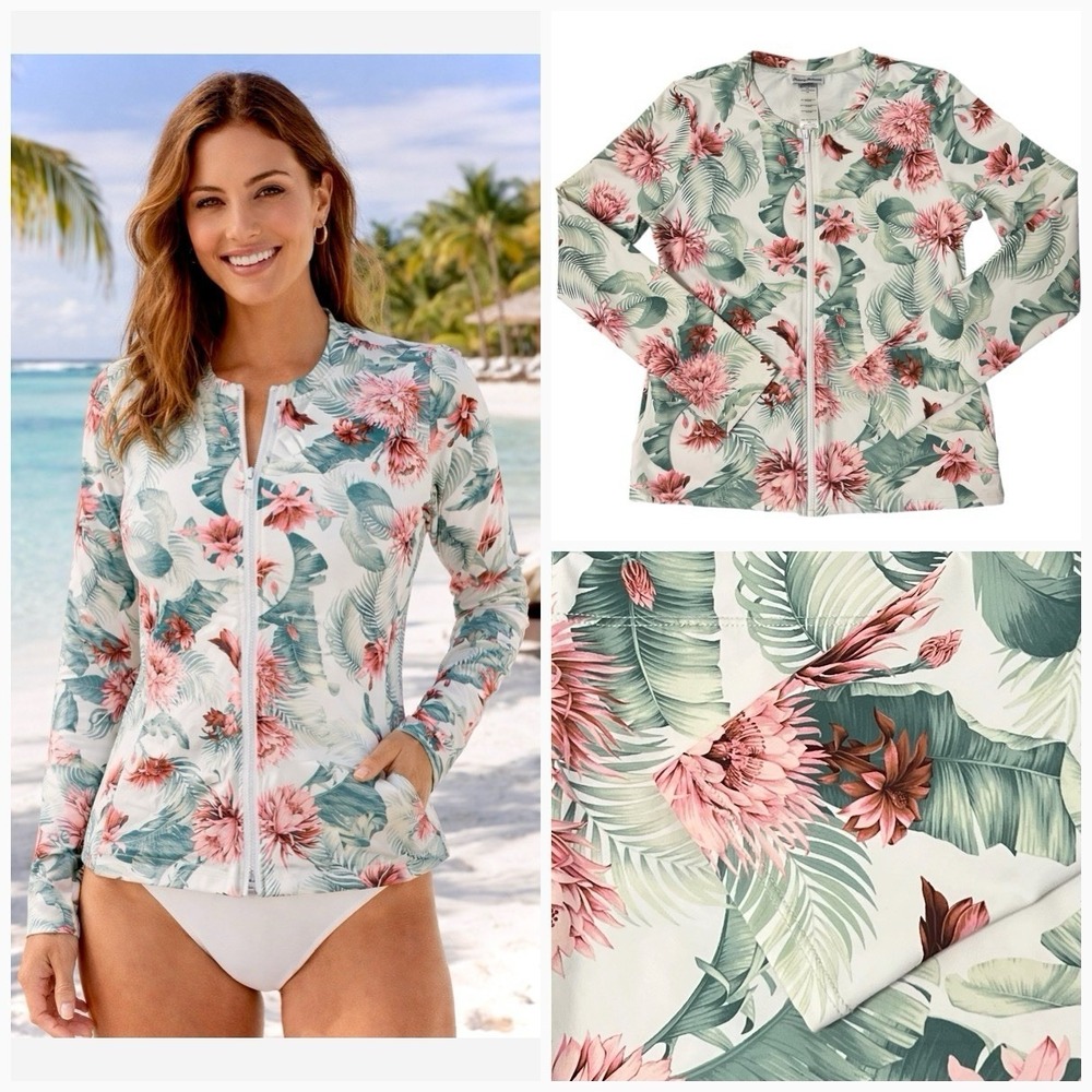 Tommy Bahama Women's sz M Rashguard Long Sleeve Botanical Zip Front UPF 50~M